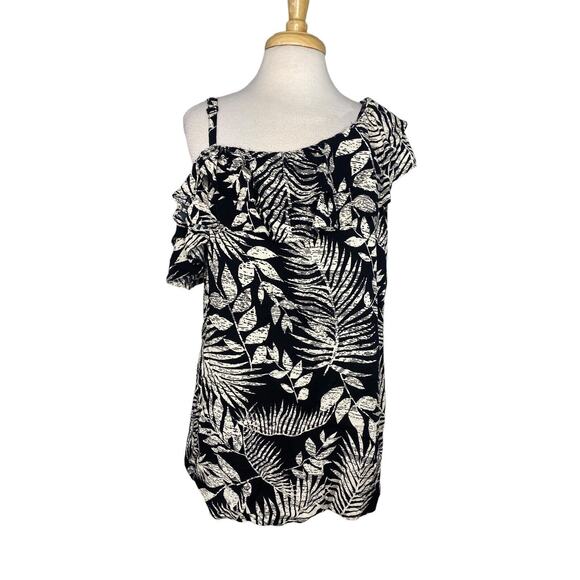CITY CHIC Black Ivory Tropical Leaf Print Off The Shoulder Top Size XXL 24 Strap - Picture 1 of 9